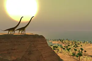 Overlooking: A couple of Mamenchisaurus dinosaurs on a cliff
