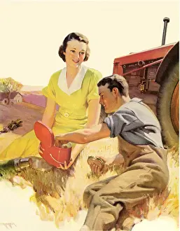 Picnicing: Couple Near Tractor