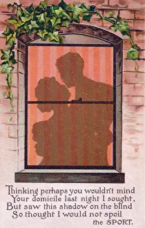 Outlined: Couple outlined in a window on a comic postcard