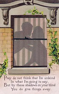 Outlined: Couple outlined in a window on a comic postcard