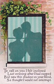 Outlined: Couple outlined in a window on a comic postcard