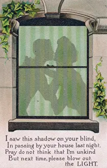 Outlined: Couple outlined in a window on a comic postcard