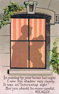 Outlined: Couple outlined in a window on a comic postcard