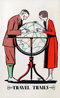 Options: A couple plan their dream travel trip using a large globe