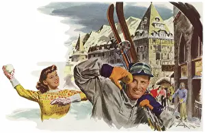 Skiers: Couple Play in Alps