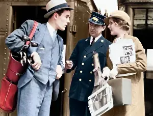 Trainman: Couple Standing by Train Worried Man with Golf