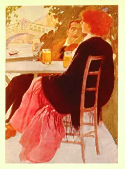 Rialto: Couple at a table with glasses of beer, Venice