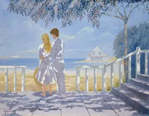 Veranda: Couple on a veranda with sand and sea