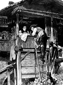 Grob: couples, lovers, lover at the window, wood engraving