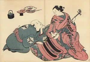 Okumura: Courtesan entertaining a customer by playing