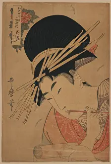 Chewing: Courtesan, head-and-shoulders portrait, facing left, holding