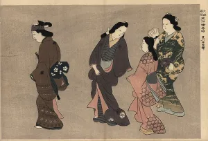 Hishikawa: Three courtesans in kimono following a customer