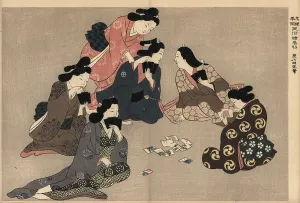 Hishikawa: Courtesans playing a game of karuta (cards) with a customer