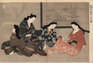 Okumura: Courtesans relaxing by reading books in front