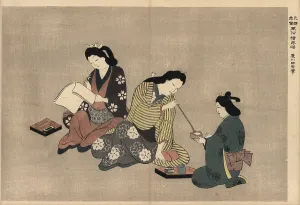 Hishikawa: Courtesans relaxing by writing poetry and