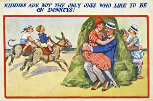 Suggestive: Courting couples at the seaside on a comic postcard