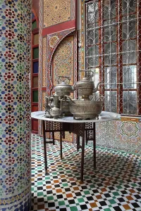 Jebel: Courtyard with tea set, riad, Tetouan, Morocco