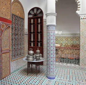 Jebel: Courtyard with tea set, riad, Tetouan, Morocco