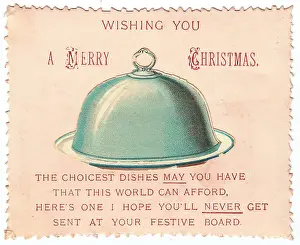 Puns: Covered dish with comic verse on a Christmas card