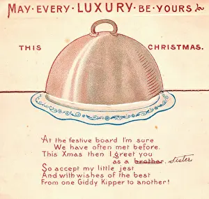 Puns: Covered dish with comic verse on a Christmas card