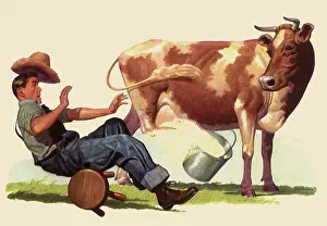 Worl: Cow kicks over Farmer and Bucket of Milk