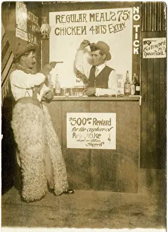 Robbing: Cowboy holding up a bartender in a bar