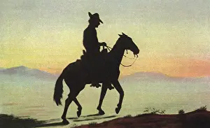 Mellan: Cowboy on Horse at Sunset