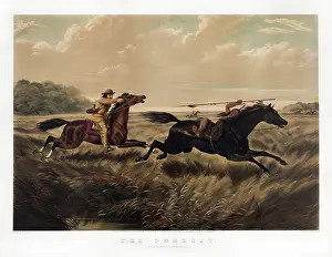Pursuit: A cowboy with a pistol on horseback chasing a