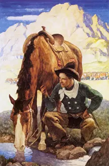 Thirsty: Cowboy Watering His Horse
