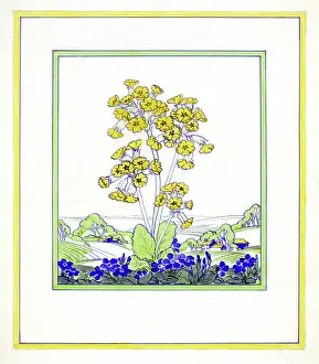 Elspeth: Cowslips and Periwinkle with landscape