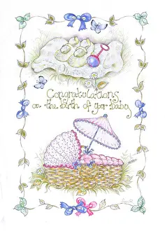 Endersby: Cradle, rattle and border of leaves and ribbons
