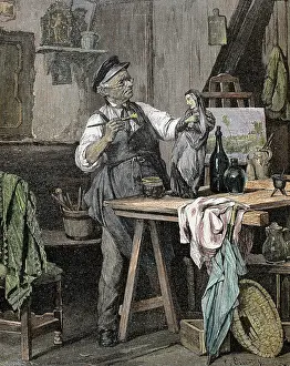 Imagery: Craftsman in his workshop. Colored engraving of 1852