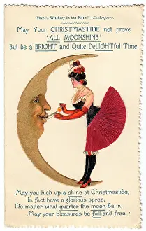 Moonshine: Crescent moon with comic verse on a Christmas card