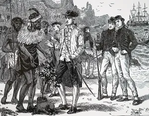 1788: Crew of HMS Bounty, landing on Otaheiti (Tahiti), 1788