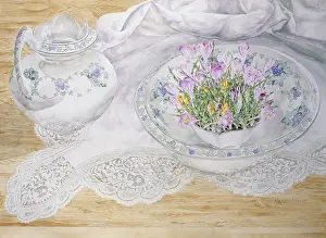Crocuses: Crocuses, Jug, Bowl and White Lace Tablecloth