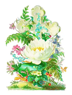 Forgetmenot: Cross with assorted flowers on a Victorian scrap