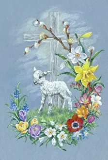 Narcissi: Cross with Lamb and Spring flowers