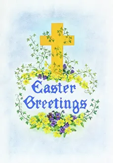Cross with primroses and'Easter Greetings
