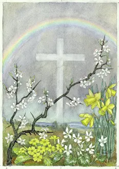Blackthorn: Cross and rainbow, with spring flowers