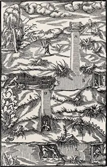 Rods: Cross-section of a mine, showing shaft and galleries