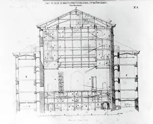 Lithography: Cross section of the National Theater in Munich, 1840