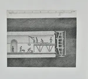 Cross section showing workmen excavating the Thames Tunnel