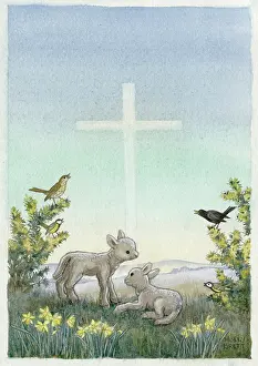 Gorse: Cross in the sky with two lambs in meadow