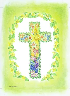 Crocuses: Cross of Spring Flowers with border of Primroses