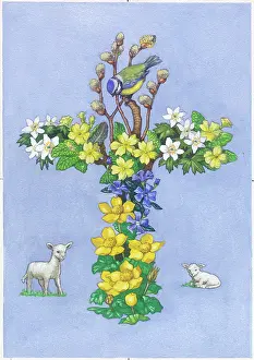 Pussy: Cross of Spring Flowers with lambs and blue tit