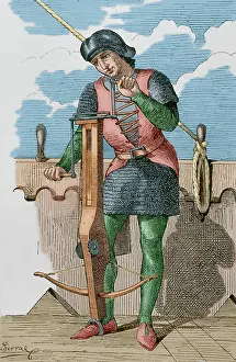 Crossbow: Crossbowman. Engraving by Serra (after a 14th century codex)