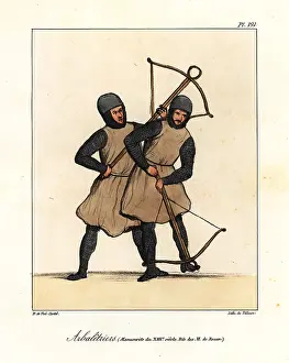 13th Century: Crossbowmen in helmets, chaimnail armor, tunics