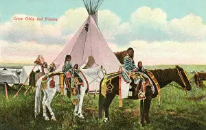 Tepee: Two Crow Tribe girls with their ponies
