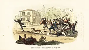Pitchfork: A crowd of armed people chasing a rabid dog through