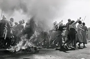 Assegais: A crowd of chanting men and women, some armed